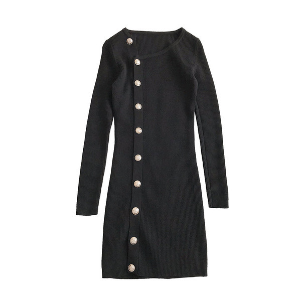 Alkalmi női ruha fekete színben, gombokkal és hosszú ujjal