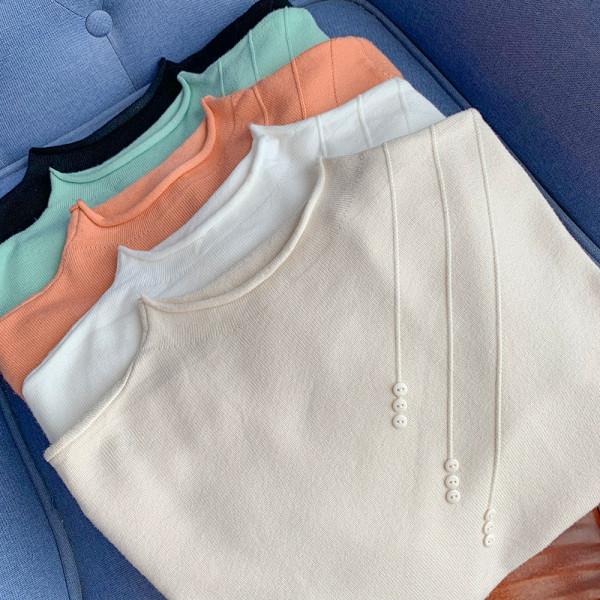 Γυναικείο πουλόβερ με κουμπιά και στρογγυλή λαιμόκοψη σε πράσινο, πορτοκαλί, λευκό, μαύρο και μπεζ χρώμα