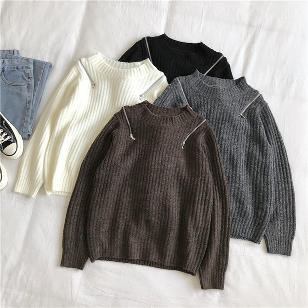 Γυναικείο πουλόβερ σε τέσσερα χρώματα με φερμουάρ και στρογγυλή λαιμόκοψη