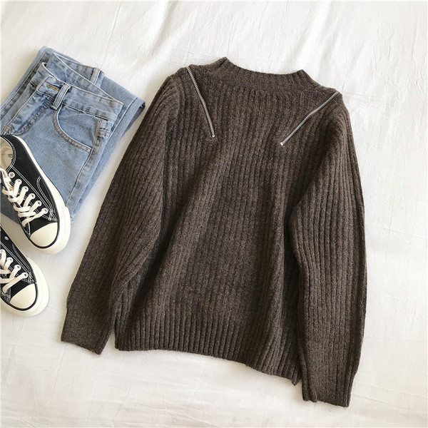 Γυναικείο πουλόβερ σε τέσσερα χρώματα με φερμουάρ και στρογγυλή λαιμόκοψη