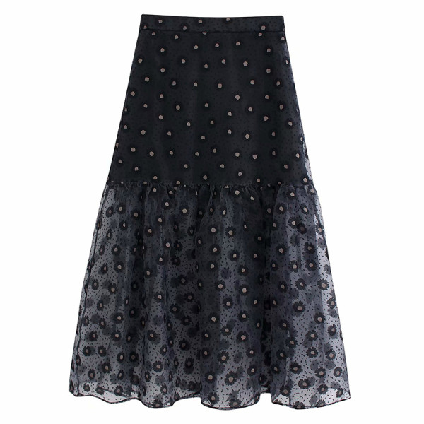 Hosszú női sifon szoknya fekete színben virágmintával