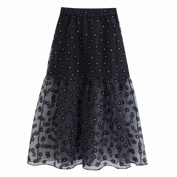 Hosszú női sifon szoknya fekete színben virágmintával