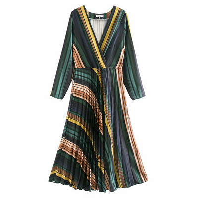 Rochie elegantă cu dungi cu decolteu în V și mâneci lungi