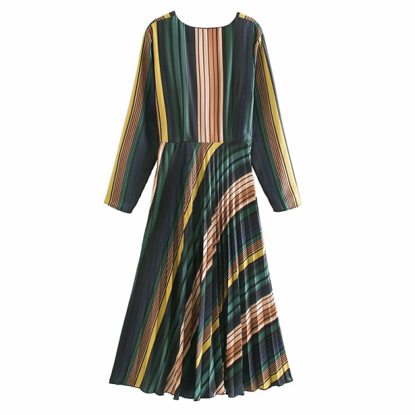 Rochie elegantă cu dungi cu decolteu în V și mâneci lungi