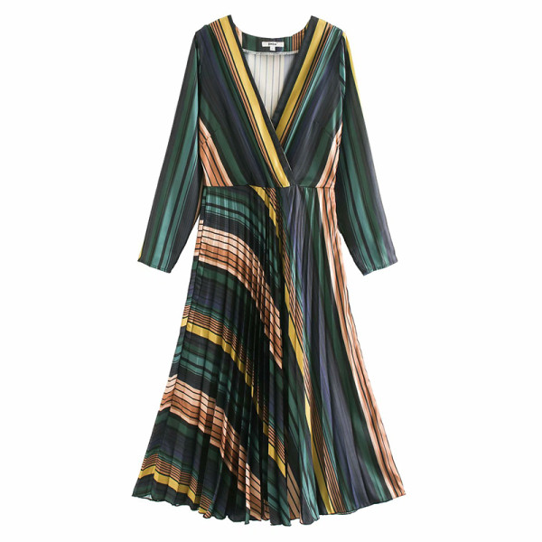 Rochie elegantă cu dungi cu decolteu în V și mâneci lungi