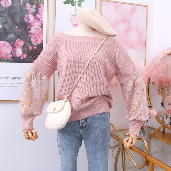 Γυναικείο  πουλόβερ με λαιμόκοψη και μανίκια από δαντέλα σε διάφορα χρώματα