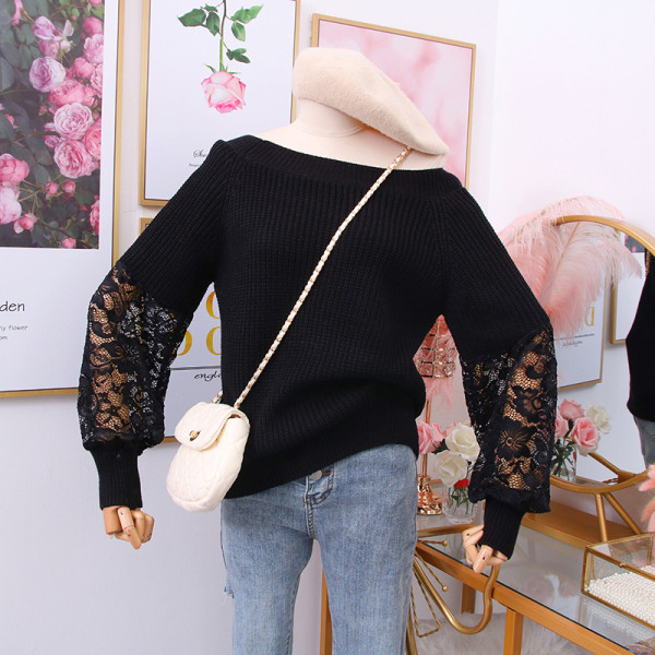 Γυναικείο  πουλόβερ με λαιμόκοψη και μανίκια από δαντέλα σε διάφορα χρώματα