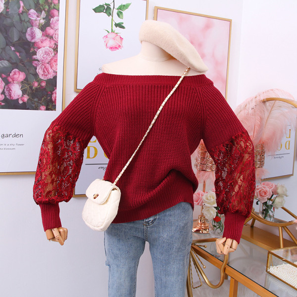 Γυναικείο  πουλόβερ με λαιμόκοψη και μανίκια από δαντέλα σε διάφορα χρώματα