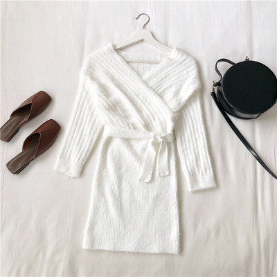 Rochie casual de dama in trei culori, cu maneci lungi si decolteu in V