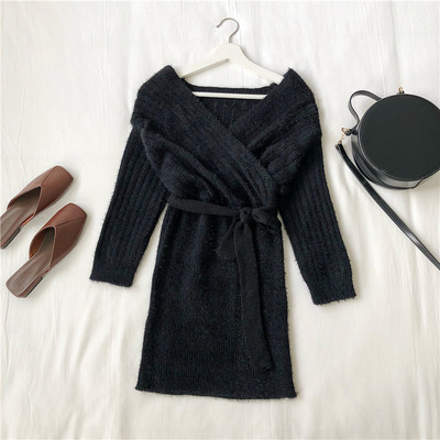 Rochie casual de dama in trei culori, cu maneci lungi si decolteu in V