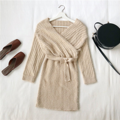 Rochie casual de dama in trei culori, cu maneci lungi si decolteu in V