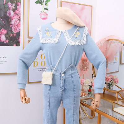 Bluza de dama cu dantela si broderie in maro, roz, albastru si bej