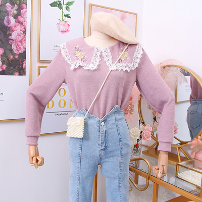 Bluza de dama cu dantela si broderie in maro, roz, albastru si bej