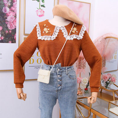 Bluza de dama cu dantela si broderie in maro, roz, albastru si bej