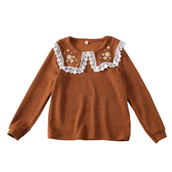 Bluza de dama cu dantela si broderie in maro, roz, albastru si bej