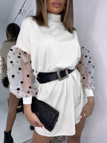 ÚJ modell női rövid ruha magas gallérral és tüll fehér és fekete színben