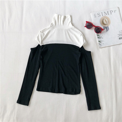 Fekete-zöld lezser női blúz magas gallérral és csupasz váll