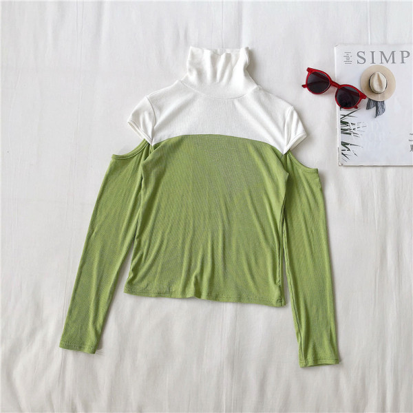 Fekete-zöld lezser női blúz magas gallérral és csupasz váll