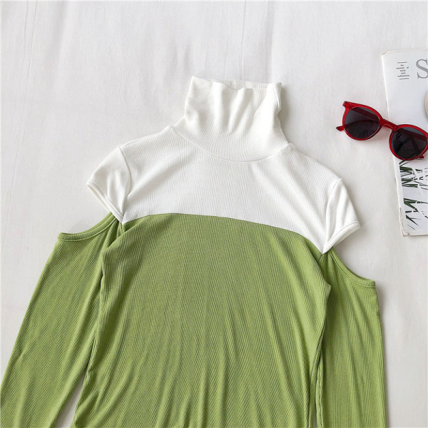 Fekete-zöld lezser női blúz magas gallérral és csupasz váll