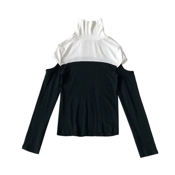 Fekete-zöld lezser női blúz magas gallérral és csupasz váll