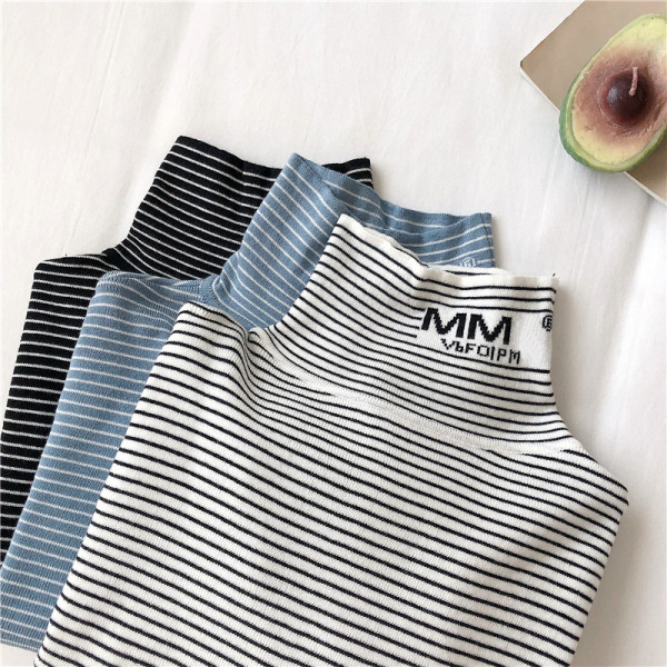 Ριγέ γυναικείο πουλόβερ  σε τρία χρώματα με ψηλό κολάρο και μακρύ μανίκι