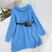 Rochie de dama tricotata cu decolteu oval si curea in albastru, mov, portocaliu, bej si negru