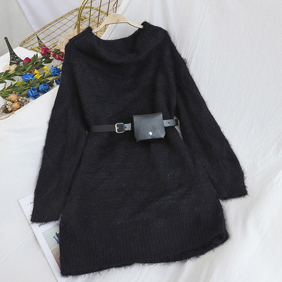 Rochie de dama tricotata cu decolteu oval si curea in albastru, mov, portocaliu, bej si negru