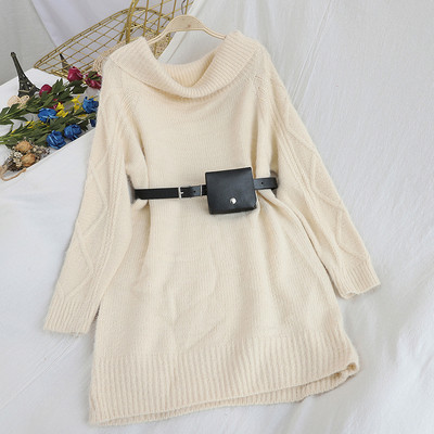 Rochie de dama tricotata cu decolteu oval si curea in albastru, mov, portocaliu, bej si negru