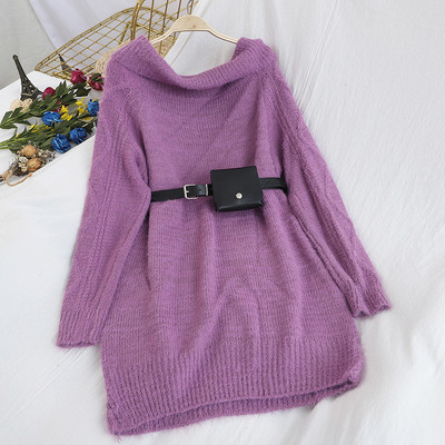 Rochie de dama tricotata cu decolteu oval si curea in albastru, mov, portocaliu, bej si negru