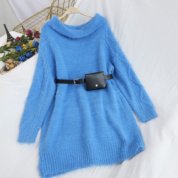 Rochie de dama tricotata cu decolteu oval si curea in albastru, mov, portocaliu, bej si negru