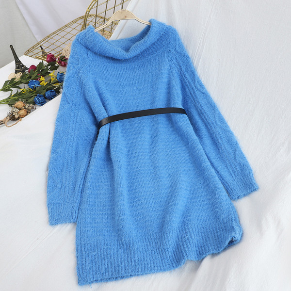 Rochie de dama tricotata cu decolteu oval si curea in albastru, mov, portocaliu, bej si negru