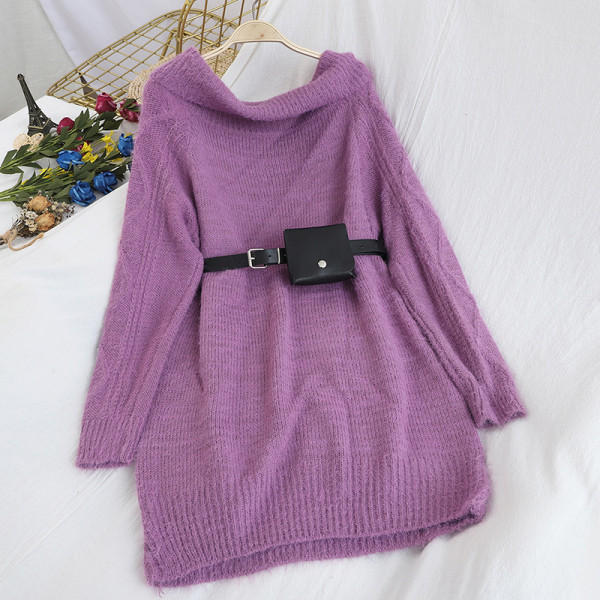 Rochie de dama tricotata cu decolteu oval si curea in albastru, mov, portocaliu, bej si negru