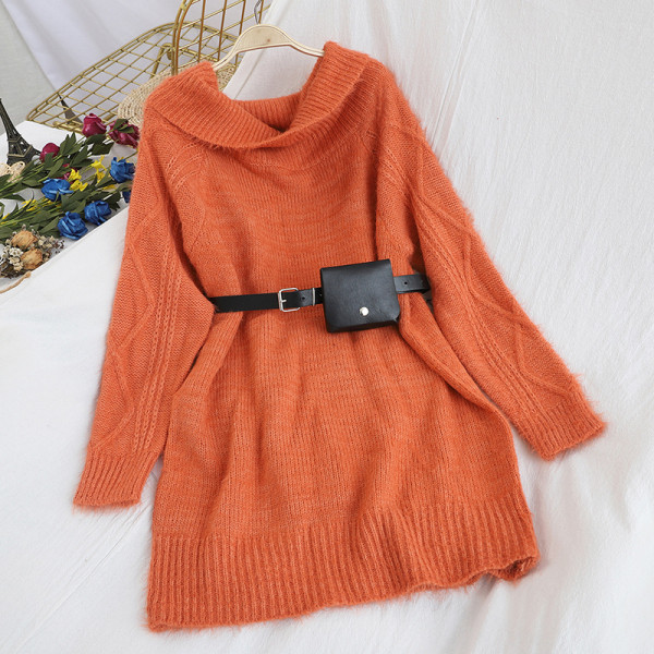 Rochie de dama tricotata cu decolteu oval si curea in albastru, mov, portocaliu, bej si negru