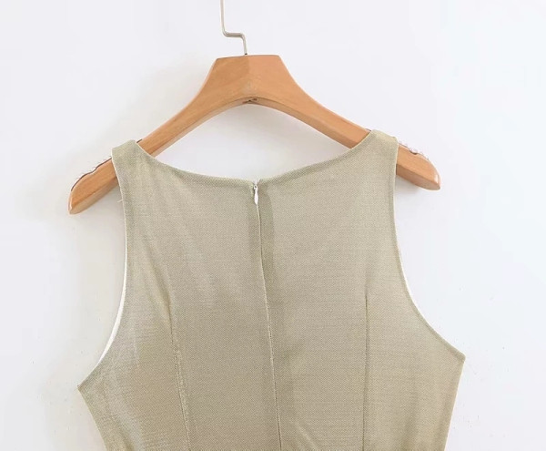 Rochie casual de dama plisata cu bretele subtiri si curea bej