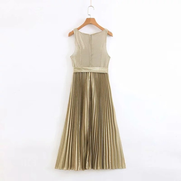 Rochie casual de dama plisata cu bretele subtiri si curea bej