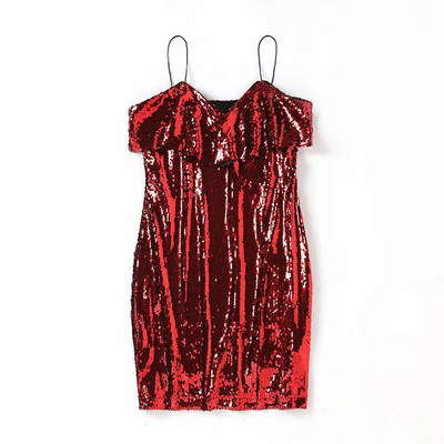 Modern rövid ruha flitterekkel és vékony piros és fekete pántokkal