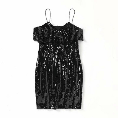 Modern rövid ruha flitterekkel és vékony piros és fekete pántokkal