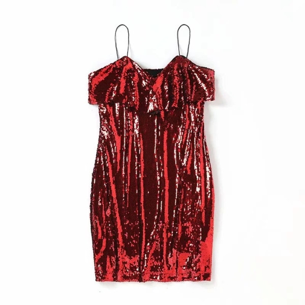 Modern rövid ruha flitterekkel és vékony piros és fekete pántokkal