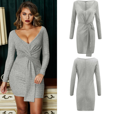 Elegáns rövid női ruha mély nyakkivágással és hosszú ujjú lila, ezüst, kék és barna színben