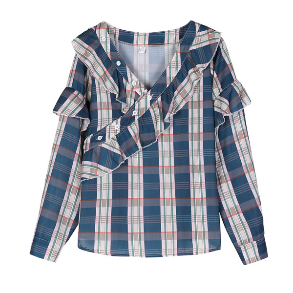 Női kockás ing V-nyakkal és kék színű fürtökkel