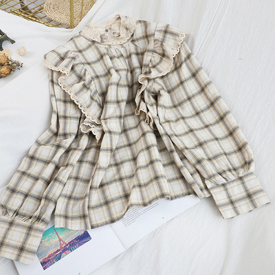 Camasa de dama in carouri model nou cu guler jos si dantela in culorile alb, rosu si maro