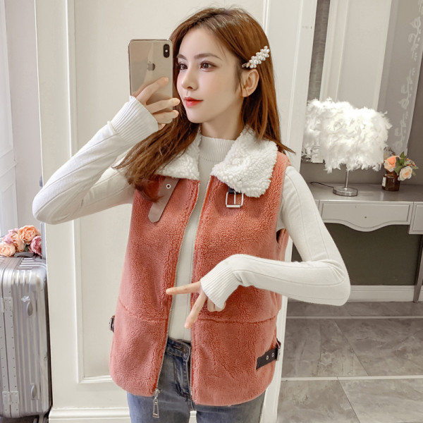 Casual γυναικείο γιλέκο σε ροζ και μπεζ χρώμα με φερμουάρ και τσέπες