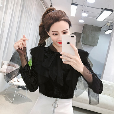 Női bársony ing rózsaszín és fekete színben, hosszú ujjal és tüllből