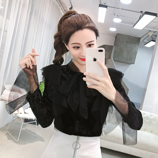 Női bársony ing rózsaszín és fekete színben, hosszú ujjal és tüllből