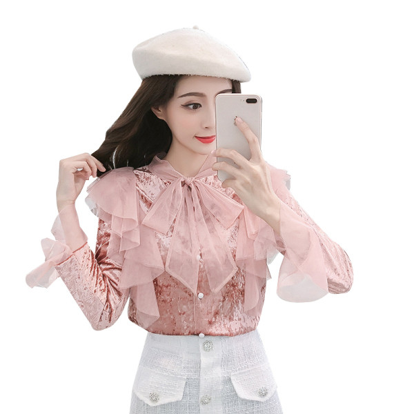 Női bársony ing rózsaszín és fekete színben, hosszú ujjal és tüllből