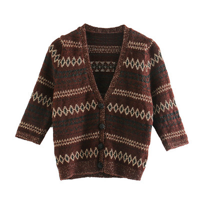 Rövid, modern csíkos mellény V-nyakkal és 3/4-es ujjakkal