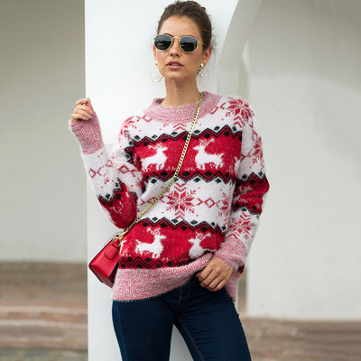 Casual Γυναικείο Χριστούγεννιάτικο πουλόβερ με μακρύ μανίκι  σε κόκκινο, μπλε, λευκό και καφέ χρώμα