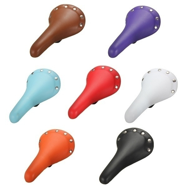 Retro leather bicycle seat in red, blue, brown, black, orange, purple and white