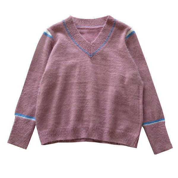 Γυναικείο καθημερινό πουλόβερ σε ροζ, μπεζ και λευκό χρώμα με V-λαιμόκοψη