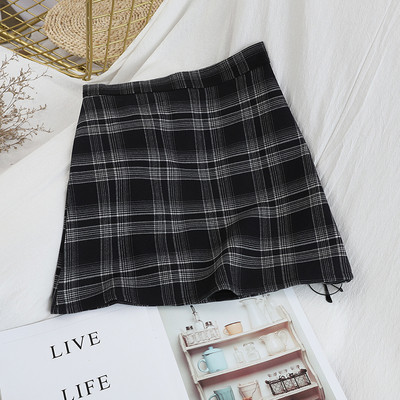 Kockás női szoknya magas derékkal szürke, barna és fekete színekben